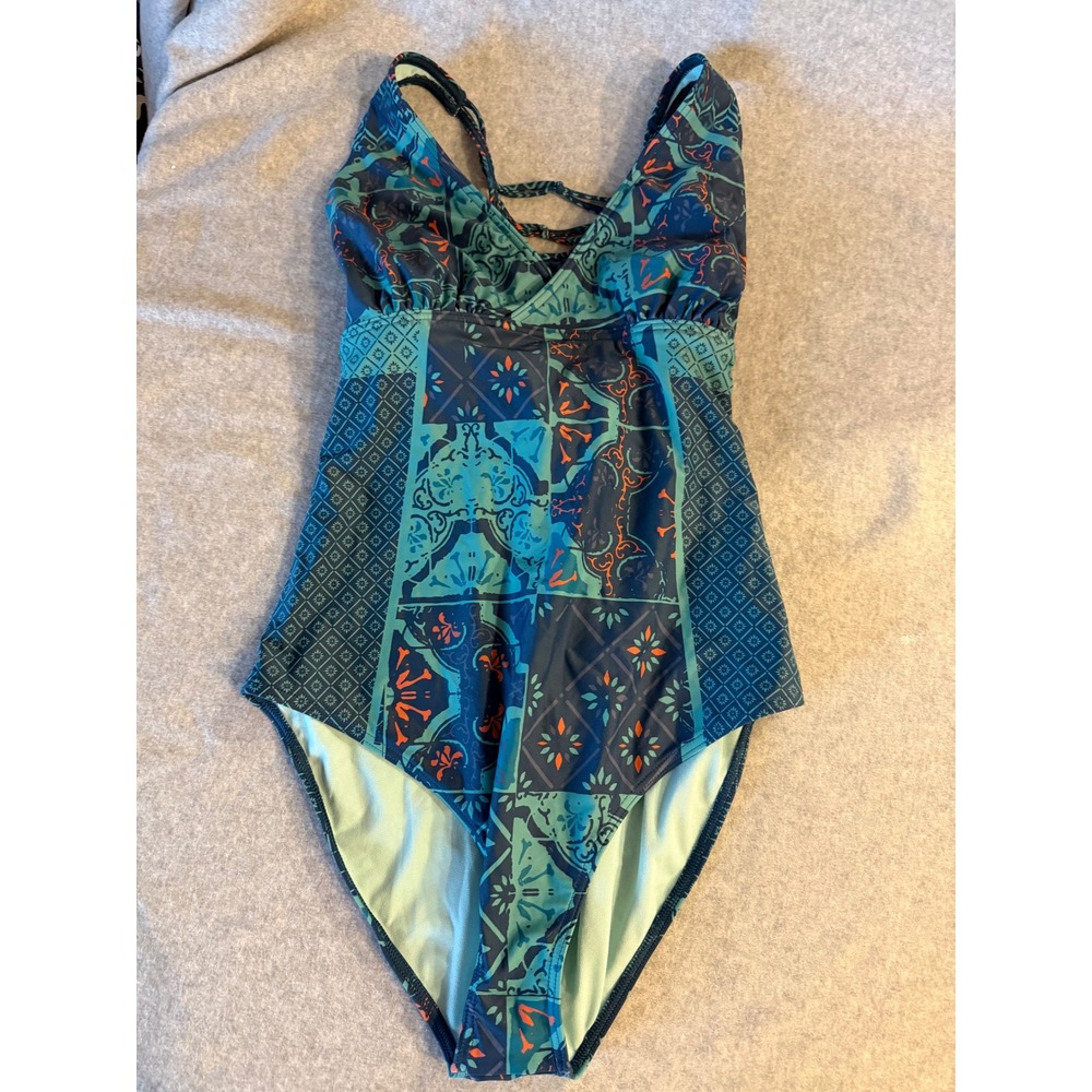 Prana Moorea One Piece Swimsuit XL Teal Blue Mosaic Tile Strappy Cutout Swimwear